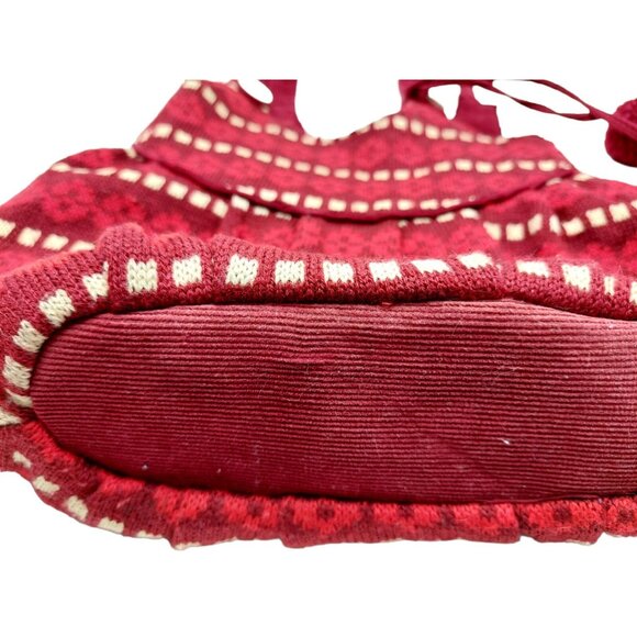 Knit Crocheted Red Boho Hand Shoulder Bag patterned with pom poms snap closure - Picture 5 of 10